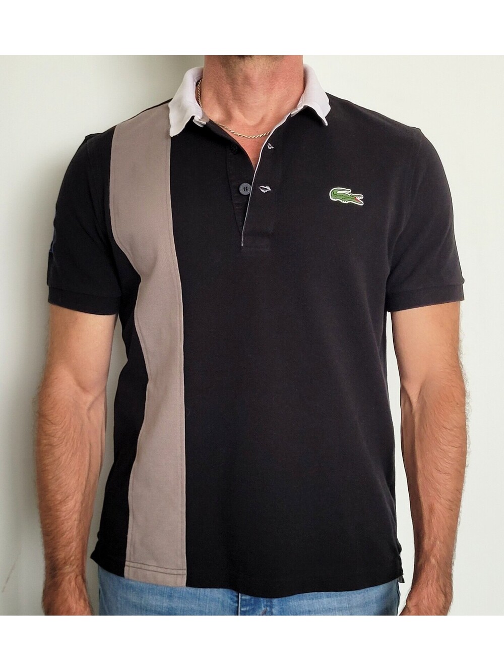 Lacoste Men's Large Size 5 Vintage Black Gray Colorblock 27 Patch Logo Polo